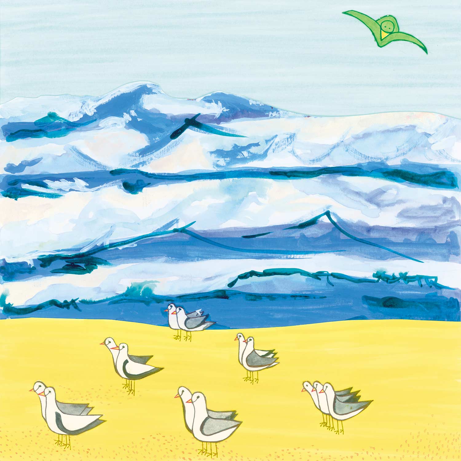 In fine weather he flew over the ocean and watched the waves slap at the sand.